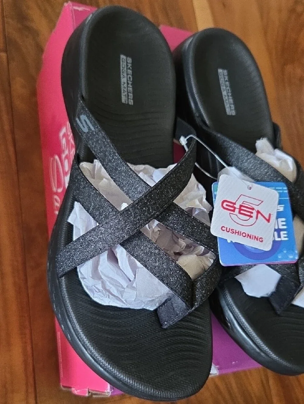 Skechers Black Glitter Cross-Strap Slide Sandals